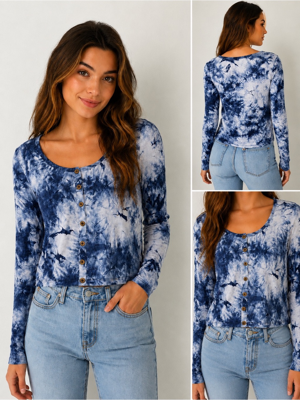 Self Esteem Blue Tie-Dye Button-Front Long Sleeve Top